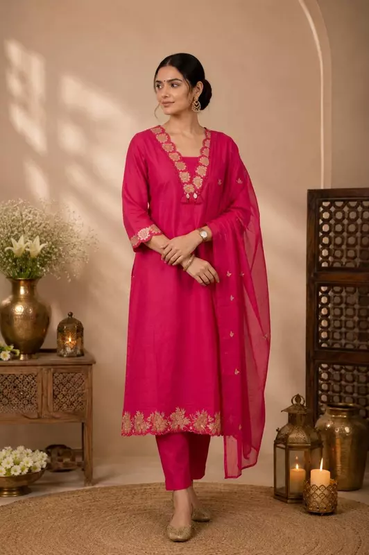 Fuchsia Pink Cotton Kurta Set with Zari Embroidered Borders & Dupatta – 3-Piece