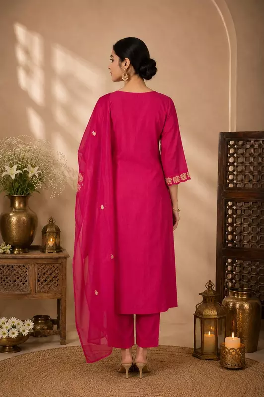 Fuchsia Pink Cotton Kurta Set with Zari Embroidered Borders & Dupatta – 3-Piece