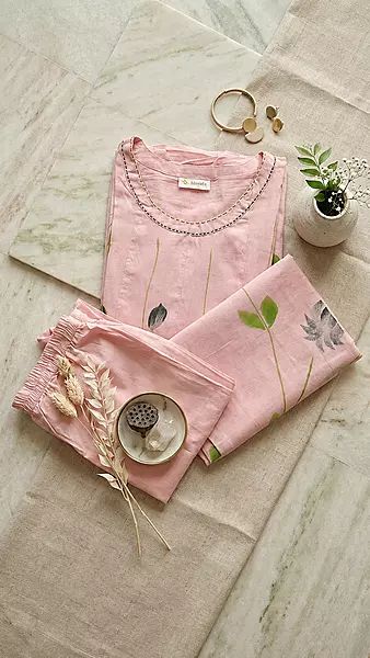 Pastel Pink Floral Tulip Printed Cotton Anarkali Kurta Set with Dupatta 3-Piece