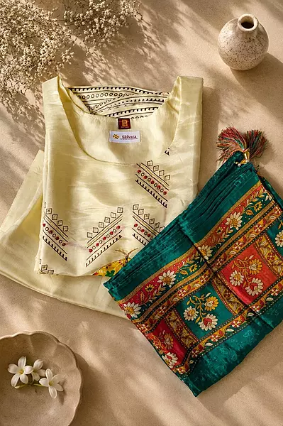 Cream Guchi Silk 3-Piece Kurta Set with Butterfly Motifs
