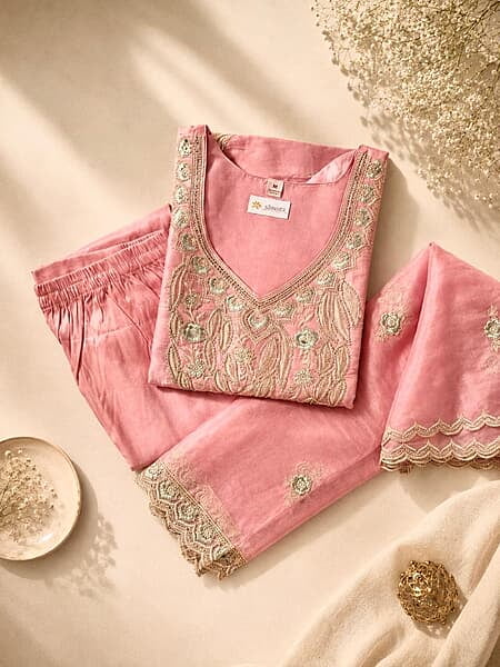 Women's Pink Art Silk Embroidered Kurta Set with Pant & Dupatta