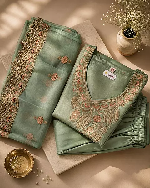 Sea Green Art Silk 3-Piece Kurta Set with Peach Floral Embroidery