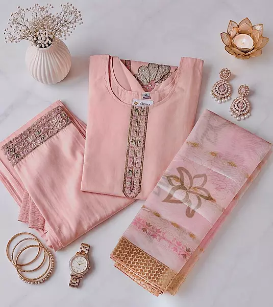 Blush Pink Art Silk Embroidered Kurta Set with Pant & Printed Dupatta