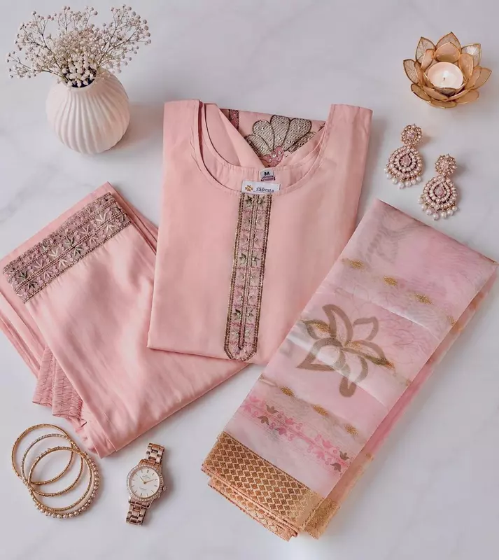 Blush Pink Art Silk Embroidered Kurta Set with Pant & Printed Dupatta
