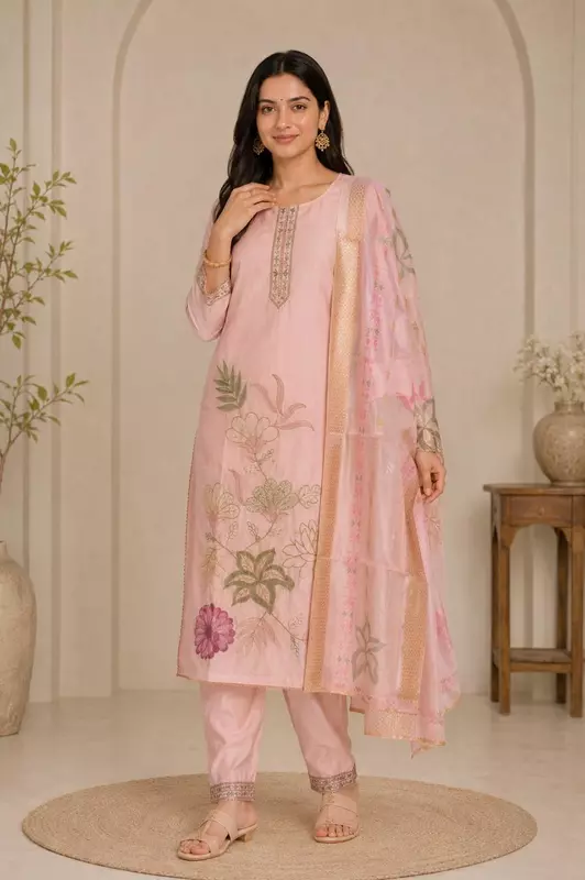Blush Pink Art Silk Embroidered Kurta Set with Pant & Printed Dupatta