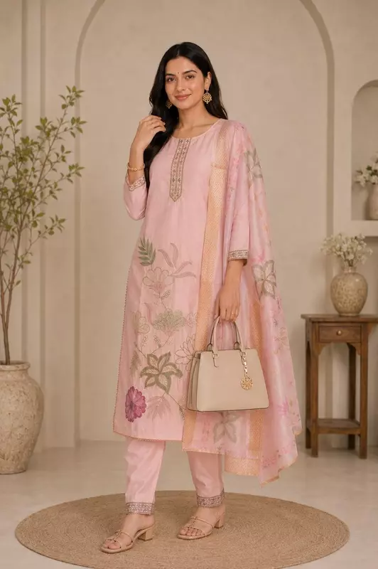 Blush Pink Art Silk Embroidered Kurta Set with Pant & Printed Dupatta