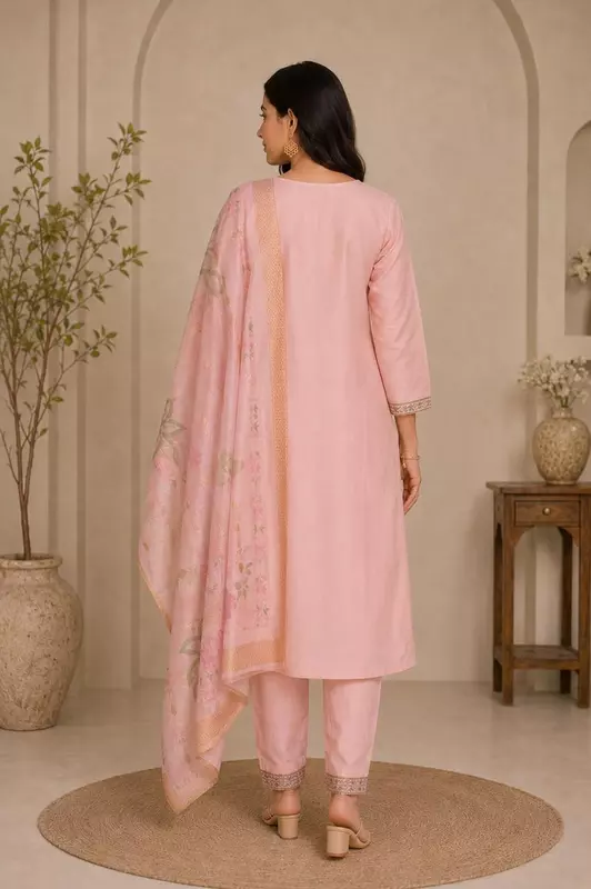 Blush Pink Art Silk Embroidered Kurta Set with Pant & Printed Dupatta