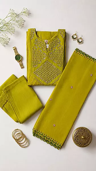 Olive Lime Cotton Anarkali Kurta Set with Intricate Mirror Work Yoke & Dupatta