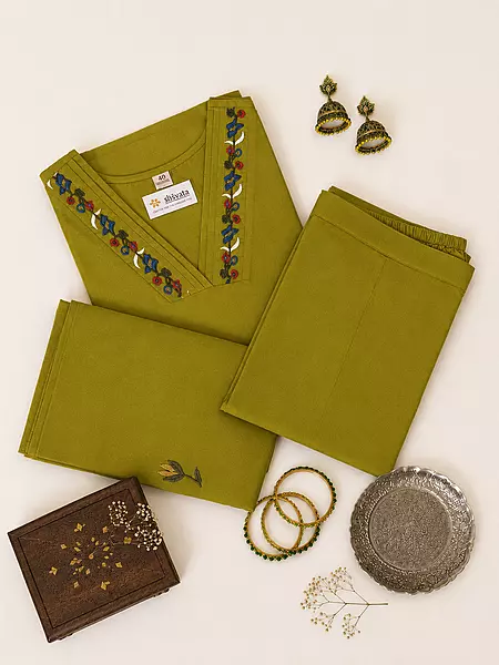 Olive Green Floral Embroidered Cotton Kurta Set with Dupatta – 3-Piece