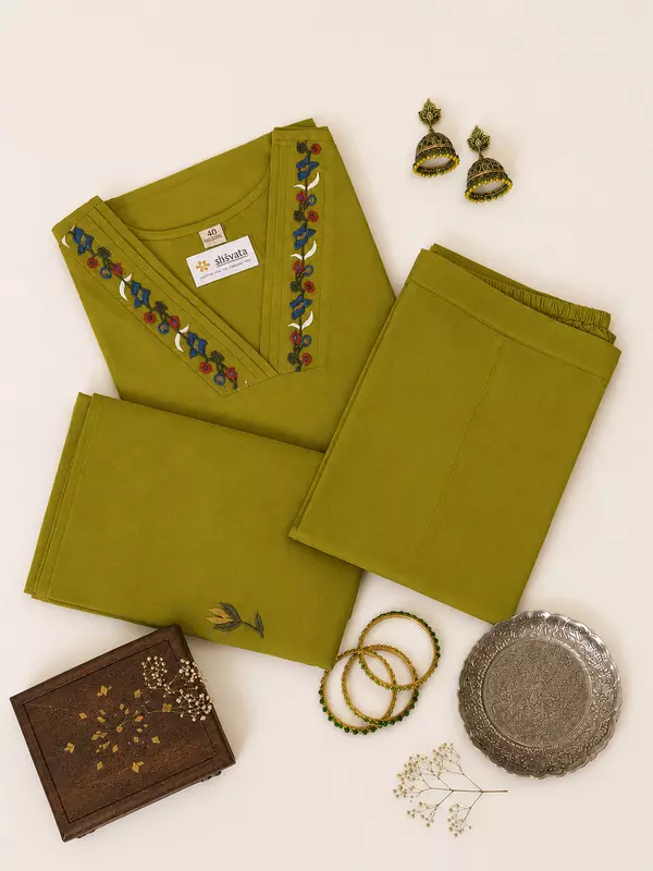 Olive Green Floral Embroidered Cotton Kurta Set with Dupatta – 3-Piece