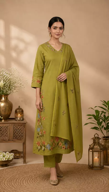 Olive Green Floral Embroidered Cotton Kurta Set with Dupatta – 3-Piece