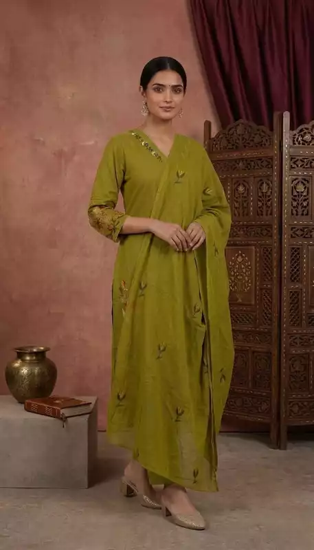 Olive Green Floral Embroidered Cotton Kurta Set with Dupatta – 3-Piece