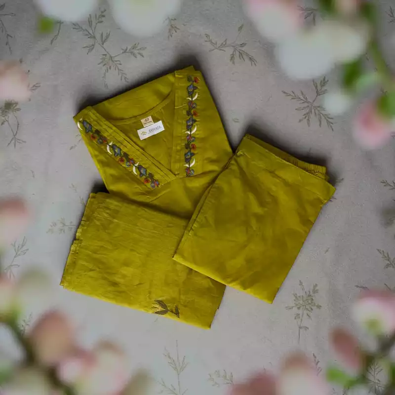 Olive Green Floral Embroidered Cotton Kurta Set with Dupatta – 3-Piece