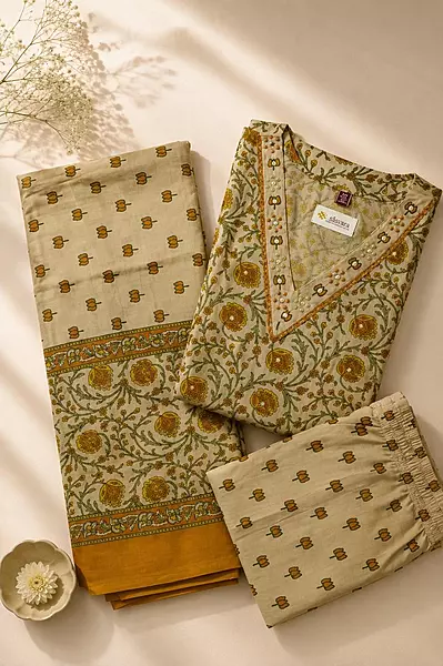 Beige Cotton 3-Piece Kurta Set with Mustard Floral Kalamkari Print