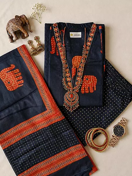 Navy Blue Cotton Kurta Set with Rust Elephant Prints & Dotted Pants – 3-Piece