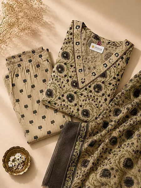 Olive & Charcoal Printed Khaki Cotton Kurta Set with V-Neck