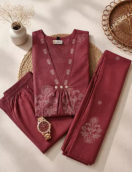 Dusty Rosewood Floral Embroidered Cotton Anarkali Kurta Set with Dupatta – 3-Piece