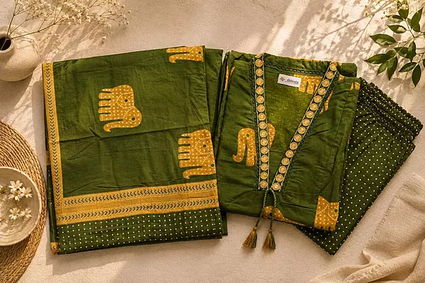 Olive Green Cotton Block-Print Kurta Set with Elephant Motifs & Dupatta (Set of 3)
