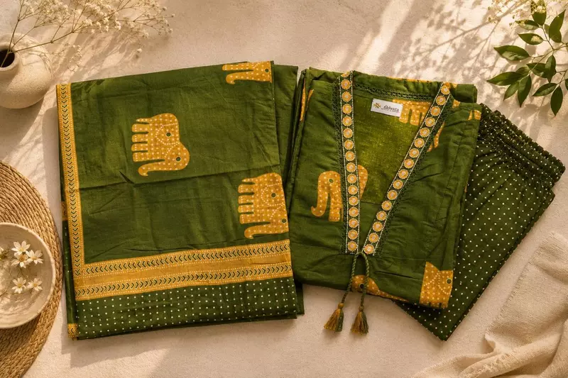 Olive Green Cotton Block-Print Kurta Set with Elephant Motifs & Dupatta (Set of 3)