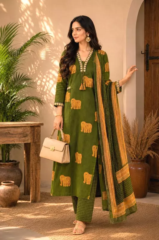 Olive Green Cotton Block-Print Kurta Set with Elephant Motifs & Dupatta (Set of 3)