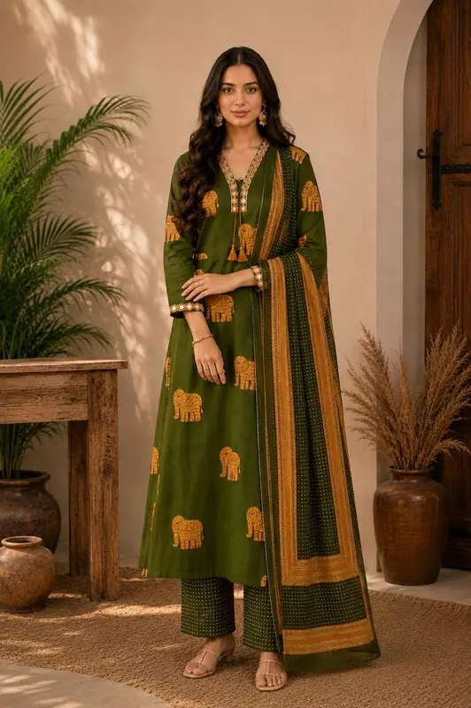 Olive Green Cotton Block-Print Kurta Set with Elephant Motifs & Dupatta (Set of 3)