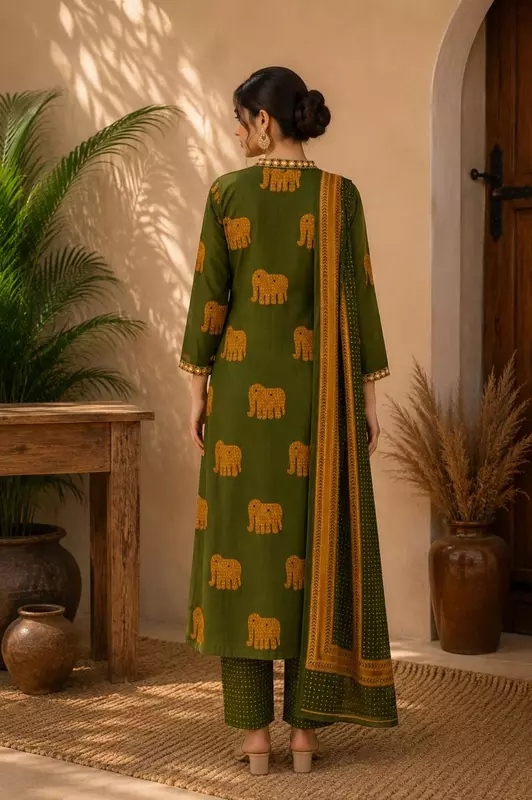 Olive Green Cotton Block-Print Kurta Set with Elephant Motifs & Dupatta (Set of 3)