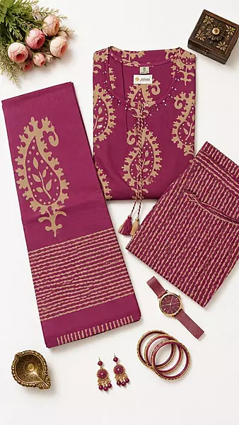 Mulberry Purple Cotton Block-Print Kurta Set with Bold Paisley Motifs