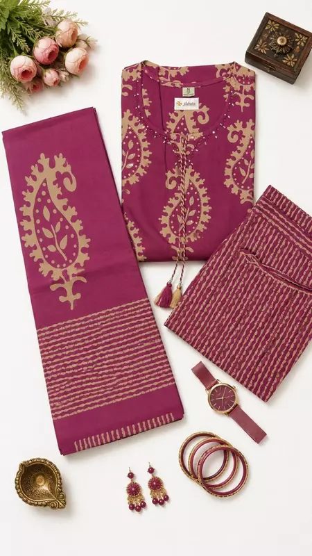 Mulberry Purple Cotton Block-Print Kurta Set with Bold Paisley Motifs