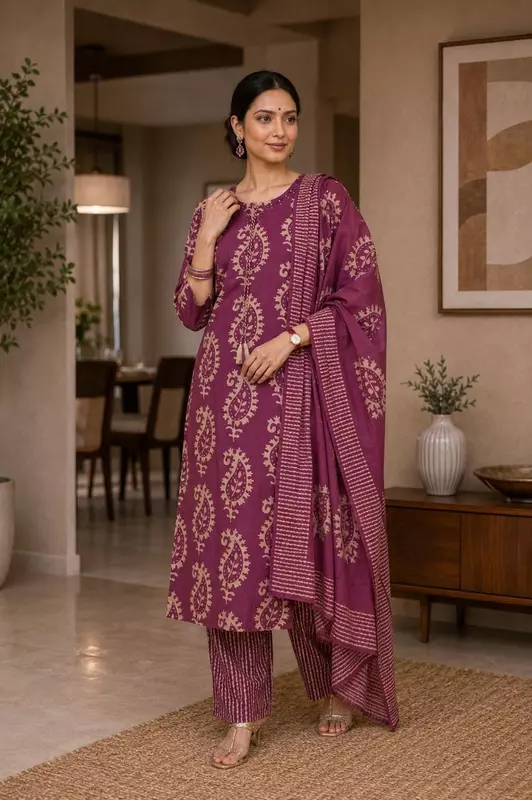Mulberry Purple Cotton Block-Print Kurta Set with Bold Paisley Motifs