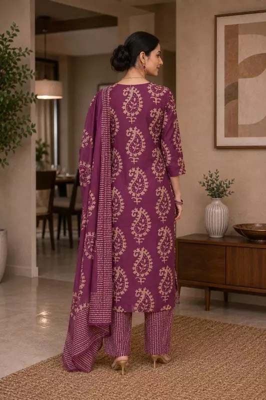 Mulberry Purple Cotton Block-Print Kurta Set with Bold Paisley Motifs