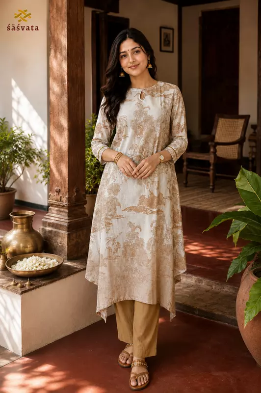 Elegant Cotton Printed Handkerchief Hem Kurta Set with Pants | No Dupatta