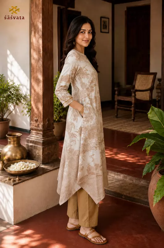 Elegant Cotton Printed Handkerchief Hem Kurta Set with Pants | No Dupatta