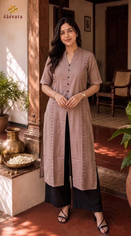 Women's Cotton Hakoba Long Kurta in Taupe Brown