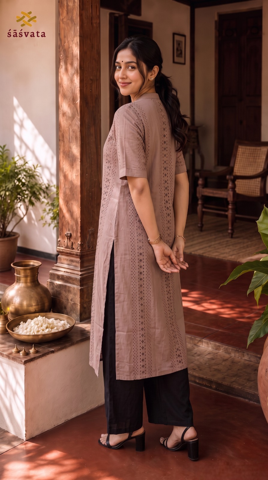 Women's Cotton Hakoba Long Kurta in Taupe Brown