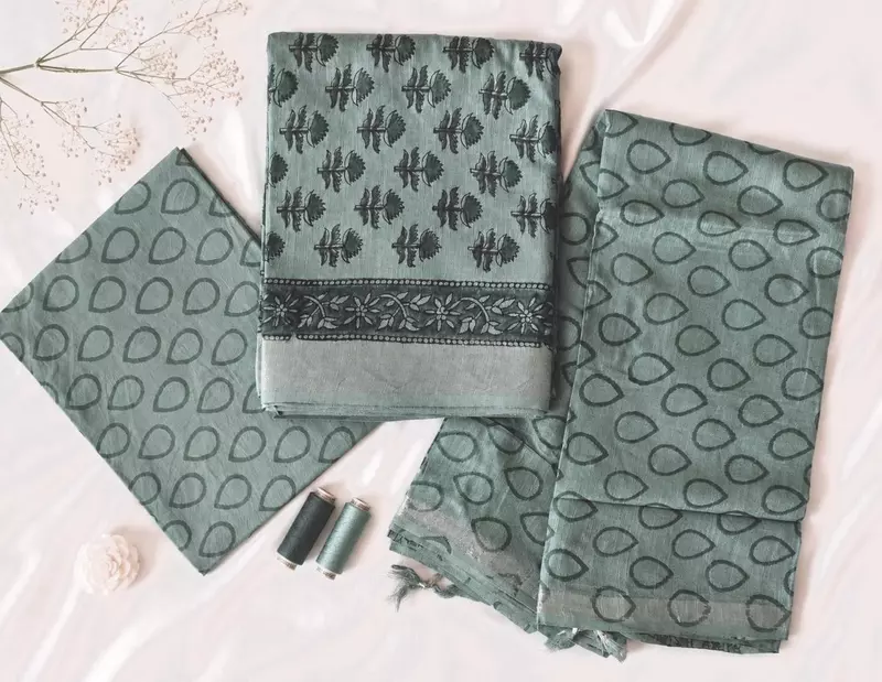 Sage Green Linen Unstitched 3 Piece Dress Material | Kurta, Pant & Dupatta Set