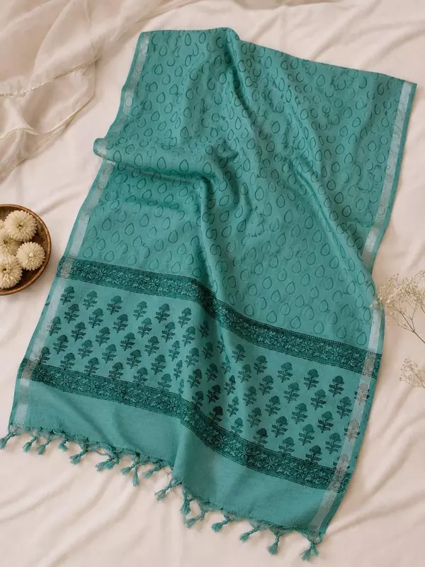 Sage Green Linen Unstitched 3 Piece Dress Material | Kurta, Pant & Dupatta Set