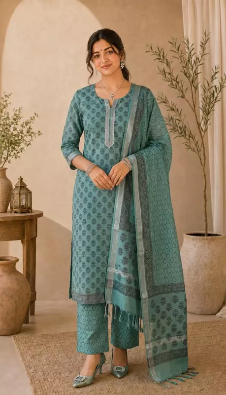 Sage Green Linen Unstitched 3 Piece Dress Material | Kurta, Pant & Dupatta Set