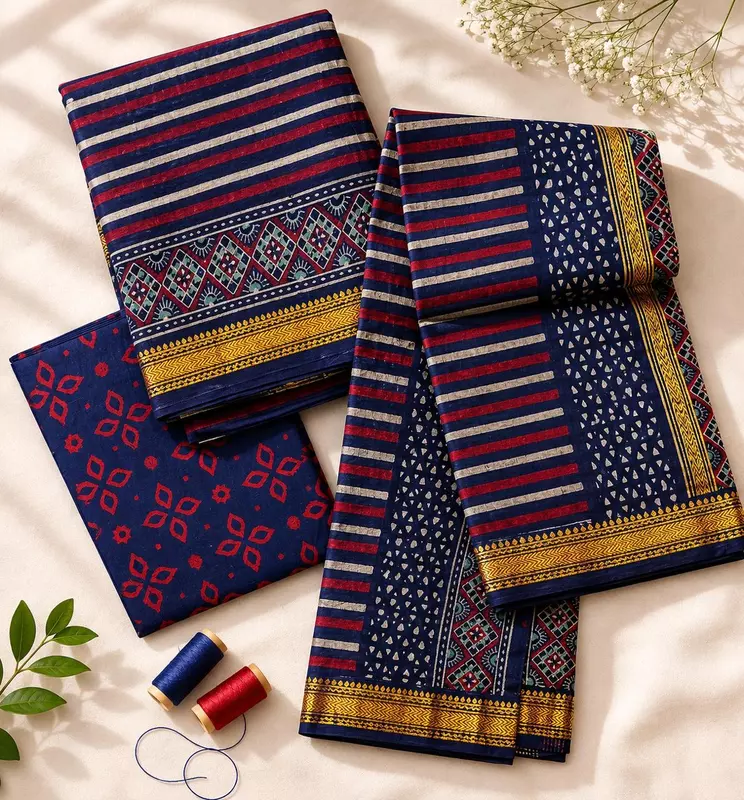 Navy Blue Maheshwari Silk Unstitched 3 Piece Dress Material | Kurta, Pant & Dupatta Set