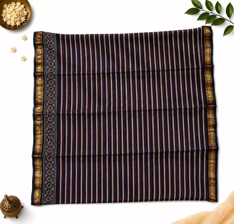Navy Blue Maheshwari Silk Unstitched 3 Piece Dress Material | Kurta, Pant & Dupatta Set