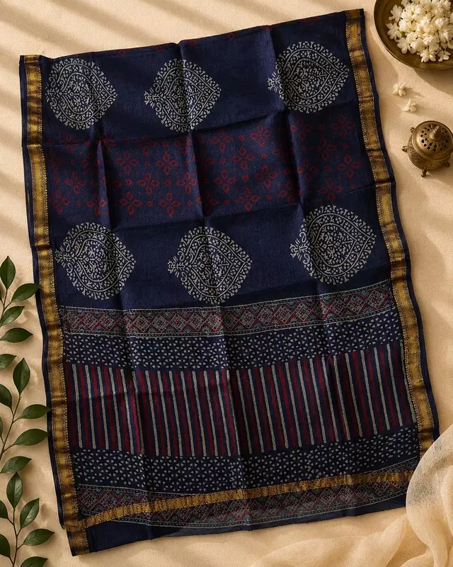 Navy Blue Maheshwari Silk Unstitched 3 Piece Dress Material | Kurta, Pant & Dupatta Set