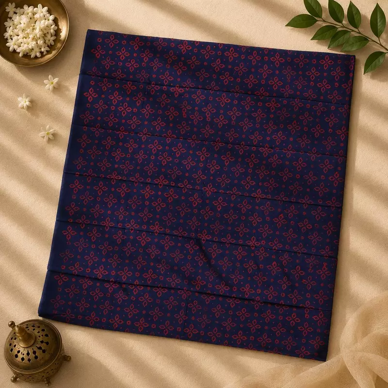 Navy Blue Maheshwari Silk Unstitched 3 Piece Dress Material | Kurta, Pant & Dupatta Set