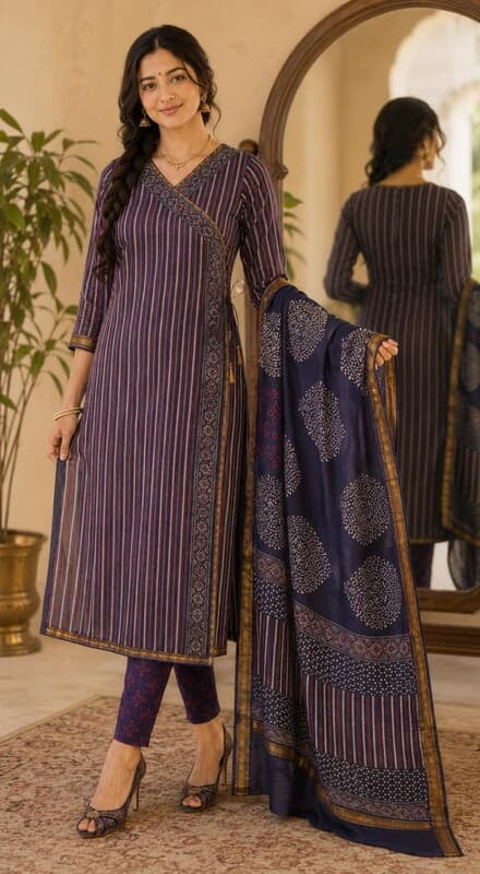 Navy Blue Maheshwari Silk Unstitched 3 Piece Dress Material | Kurta, Pant & Dupatta Set