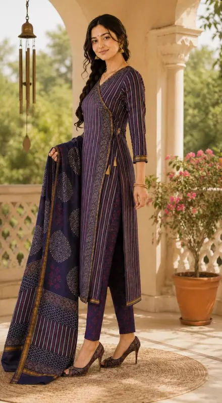 Navy Blue Maheshwari Silk Unstitched 3 Piece Dress Material | Kurta, Pant & Dupatta Set