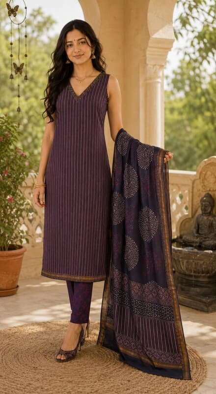 Navy Blue Maheshwari Silk Unstitched 3 Piece Dress Material | Kurta, Pant & Dupatta Set