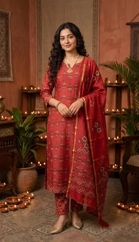 Crimson Maheshwari Silk Unstitched 3-Piece Suit Material