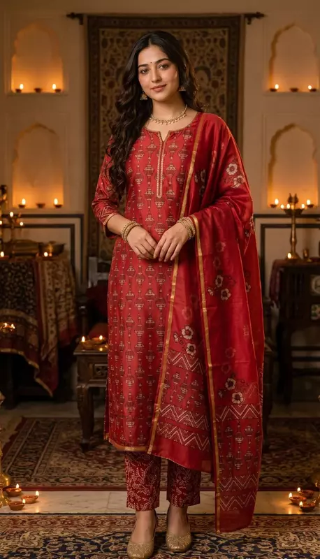 Crimson Maheshwari Silk Unstitched 3-Piece Suit Material