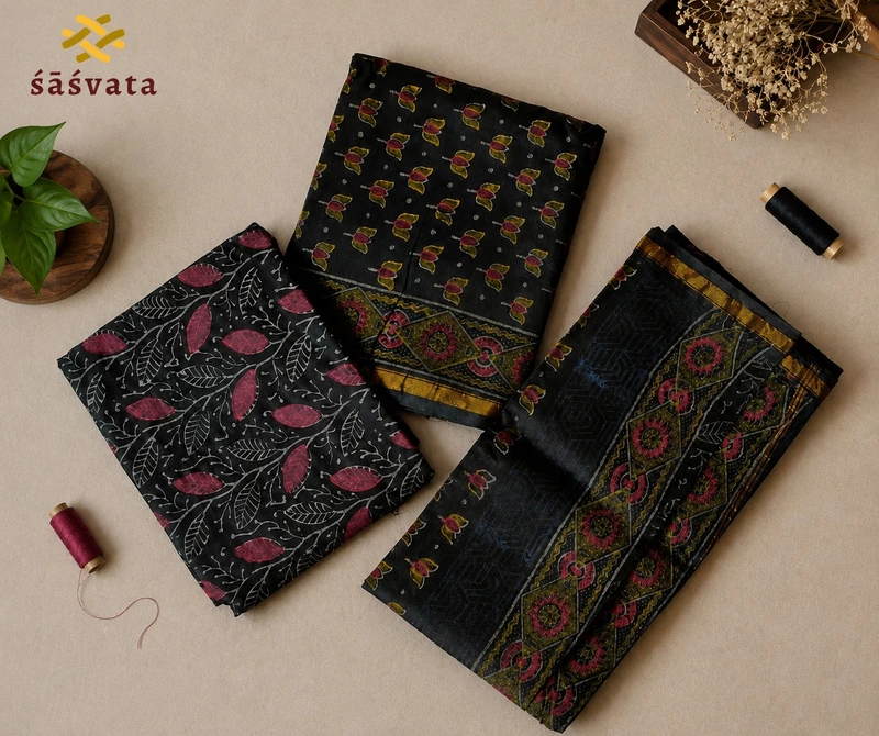 Black Floral Maheshwari Silk Unstitched 3-Piece Suit Material