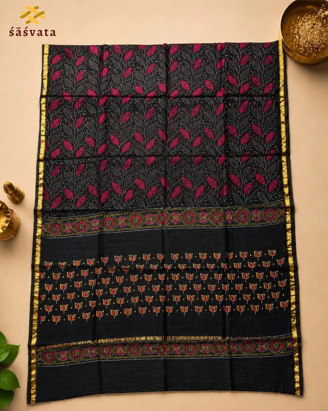Black Floral Maheshwari Silk Unstitched 3-Piece Suit Material