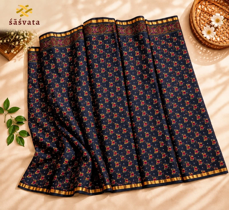 Black Floral Maheshwari Silk Unstitched 3-Piece Suit Material