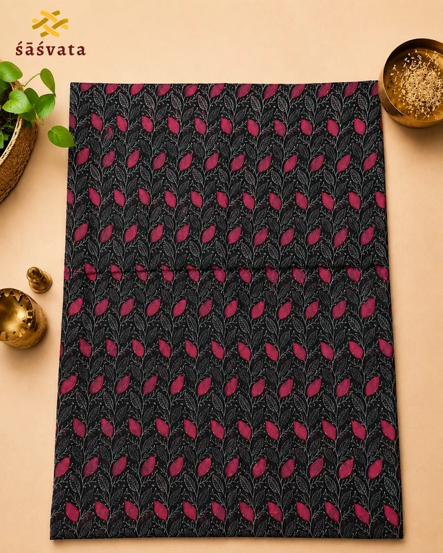 Black Floral Maheshwari Silk Unstitched 3-Piece Suit Material